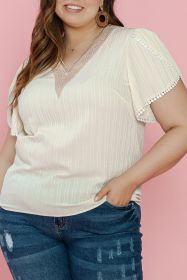 Beige Contrast Guipure Lace Petal Sleeve Plus Size Blouse (size: (US 22W-24W)3X)