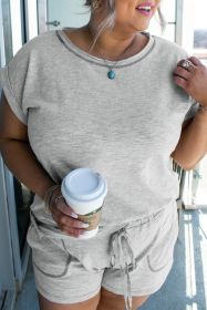 Gray Contrast Stitching Plus Cuffed Sleeve Tee and Shorts Set (size: (US 22W-24W)3X)
