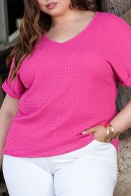 Bright Pink Textured V Neck Batwing Sleeve Plus Size Blouse (size: (US 22W-24W)3X)