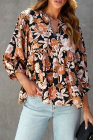 Brown Floral Print Notch Neck 3/4 Sleeve Peasant Blouse (size: (US 12-14)L)