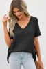Gray Waffle Knit Casual V Neck T Shirt