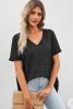 Gray Waffle Knit Casual V Neck T Shirt