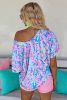 Pastel Blue Abstract Floral Print Short Sleeve V Neck T Shirt