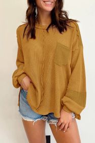 Brown Waffle Crinkle Patchwork Long Sleeve Top (size: (US 12-14)L)