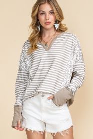 White Striped and Leopard Patchwork V Neck Long Sleeve Top (size: (US 8-10)M)