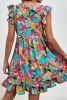 Green Leaf Print V Neck Fluttter Sleeveless Short Dress