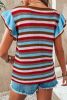 Multicolour Striped V Neck Ruffle Short Sleeve Knitted Top