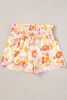 Orange Retro Floral Shirred High Waist Athletic Shorts
