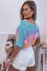 Sky Blue Knitted Eyelet Colorblock Half Sleeves Top