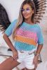Sky Blue Knitted Eyelet Colorblock Half Sleeves Top