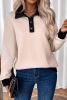 Oatmeal Checked Texture Patchwork Edge Button Collared Sweatshirt