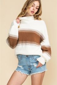 White Ribbed High Neck Bishop Sleeve Sweater (size: (US 8-10)M)