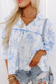 Sky Blue Floral 3/4 Sleeve Lace-up Collar Blouse (size: (US 12-14)L)