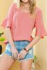 Peach Blossom Ruffled Short Sleeve V Neck Textured Blouse