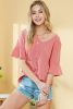 Peach Blossom Ruffled Short Sleeve V Neck Textured Blouse