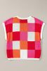 Fiery Red Checkered Color Block Cap Sleeve Knitted Top