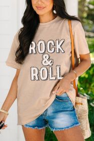 Khaki Rhinestone ROCK & ROLL Graphic T Shirt (size: (US 8-10)M)