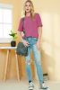 Bright Pink Ribbed Splicing Short Sleeve Round Neck T-shirt