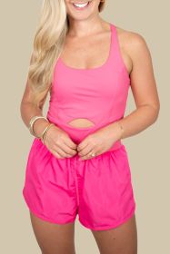 Rose Red Cutout Criss Cross Tank Plain Fitness Romper (size: (US 8-10)M)