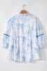 Sky Blue Floral 3/4 Sleeve Lace-up Collar Blouse