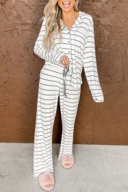 White Striped Print Long Sleeve Top & Drawstring Pants Pajamas Set (size: (US 8-10)M)