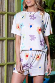 White 60s Flower Print Short Sleeve High Waist Two Piece Shorts Set (size: (US 4-6)S)
