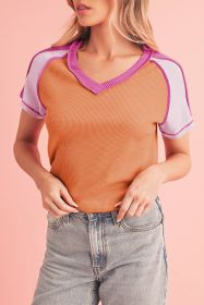Orange Exposed Seam Color Block V Neck Waffle TShirt (size: (US 8-10)M)