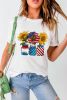 White American Flag Sunflower Graphic Crewneck T Shirt