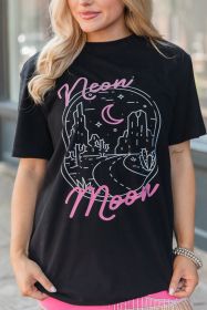 Black Tropical neon moon Letter Graphic Short Sleeve T Shirt (size: (US 8-10)M)