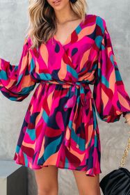 Red Abstract Printed Belted Puff Sleeve Short Dress (size: (US 4-6)S)