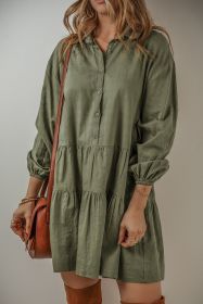 Jungle Green Puff Sleeve Buttoned Tiered Pleated Mini Shirt Dress (size: (US 4-6)S)
