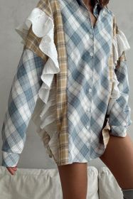 Sky Blue Plaid Print Patchwork Ruffle Shirt (size: (US 8-10)M)