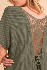 Moss Green Guipure Lace Splicing Back Waffle T Shirt (size: (US 4-6)S)