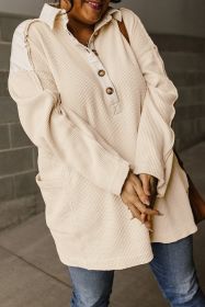 Jet Stream Waffle Patchwork Side Pockets Henley Collared Plus Size Top (size: (US 22W-24W)3X)