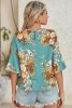 Mineral Blue Floral Print Round Neck Flounce Sleeve Blouse