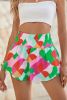 Green Abstract Print Smocked Waist Flared Shorts