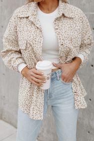 Beige Leopard Print Flap Pockets Buttoned Corduroy Shacket (size: (US 4-6)S)