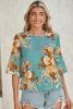 Mineral Blue Floral Print Round Neck Flounce Sleeve Blouse