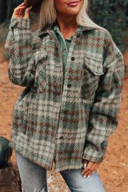 Mist Green Plaid Print Chest Pockets Turn Down Collar Shacket (size: (US 4-6)S)