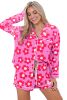 Pink 60s Flower Print Buttoned Shirt and Drawstring Waist Pajama Set