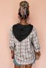 Black Checkered Print Hooded Patchwork Loose Fit Shacket