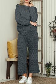 Dark Grey Solid Color Quilted Long Sleeve Top and Wide Leg Pants Set (size: (US 8-10)M)