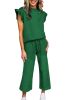 Dark Green Textured Ruffle Summer Top and Drawstring Pants Set