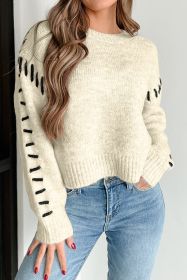 White Contrast Stitch Detail Ribbed Trim Sweater (size: (US 4-6)S)