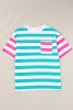 Blue Stripe Patch Pocket Drop Sleeve Slits T Shirt