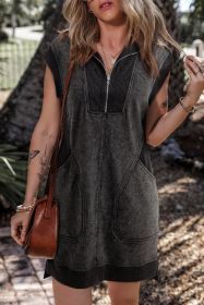 Black Zipped Collar Cap Sleeve Pocketed Sweatshirt Dress (size: (US 4-6)S)