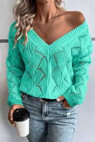 Mint Green Hollow Out Knit V Neck Drop Shoulder Sweater (size: (US 8-10)M)