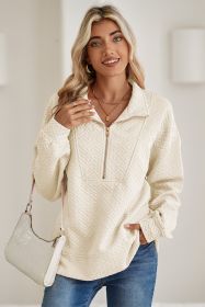 Beige Solid Textured Half Zipper Collared Sweatshirt (size: (US 12-14)L)