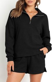 Black Ribbed Zipper Sweatshirt & High Waist Shorts Set (size: (US 4-6)S)