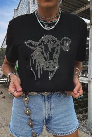 Black Rhinestone Steer Head Graphic T Shirt (size: (US 12-14)L)